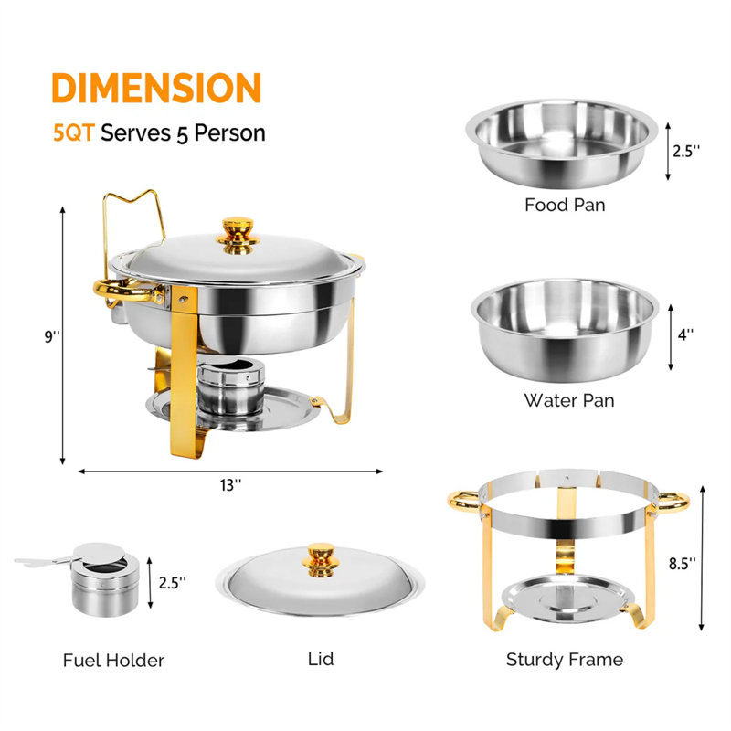 5 QT Stainless Steel Round Chafing Dish 4 Set