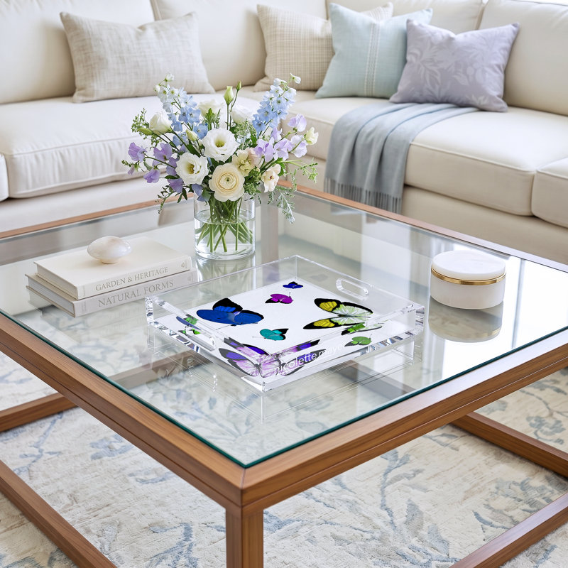 Butterflies Acrylic Decorative Tray, 2" H x 12" W x 12" D, Acid Blue