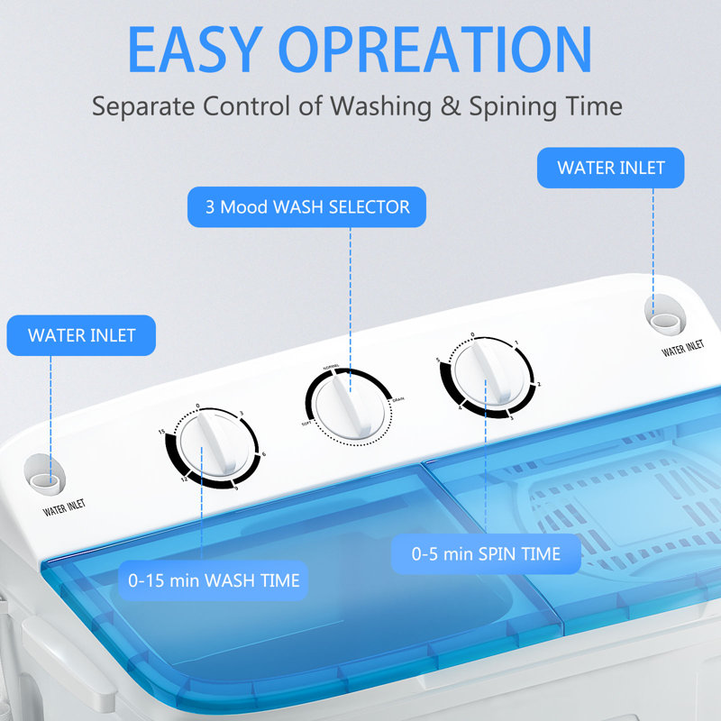  Erivess Portable Washing Machine with Drying Rack and 10 Hangers, 18lbs Mini Compact Laundry Washing Machine, Twin Tub 11lbs Washer & 7lbs Spinner, Clothes Washer Machine for Apartment, Dorm, RV, Blue