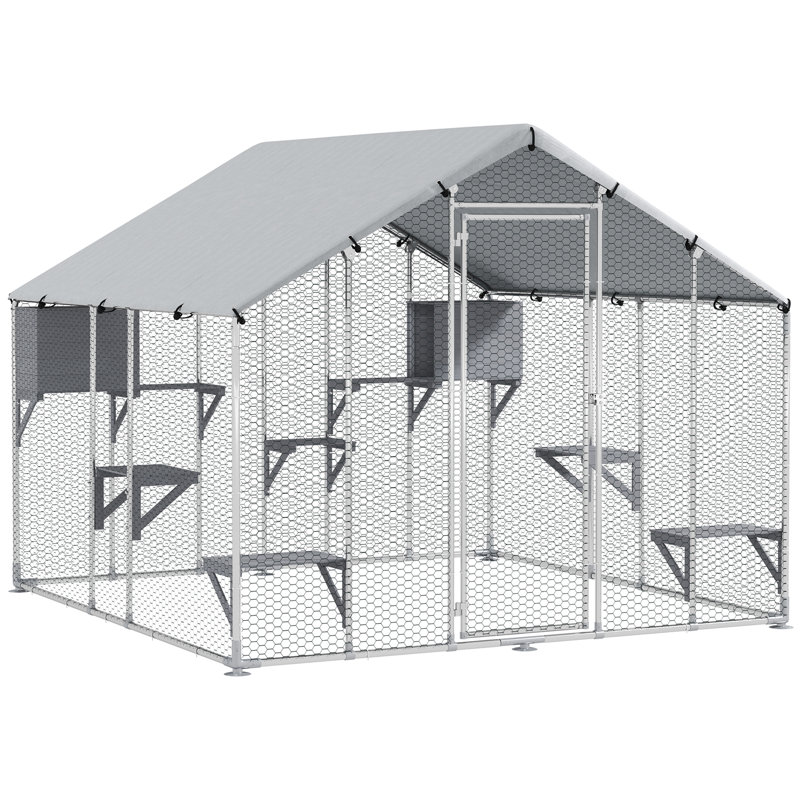 Enceinte d'extérieur pour chat Catio, très grande maison de chat avec housse imperméable 94,5 po, 2 boîtes de repos, 7 plateformes de saut, pour 5 chatons
