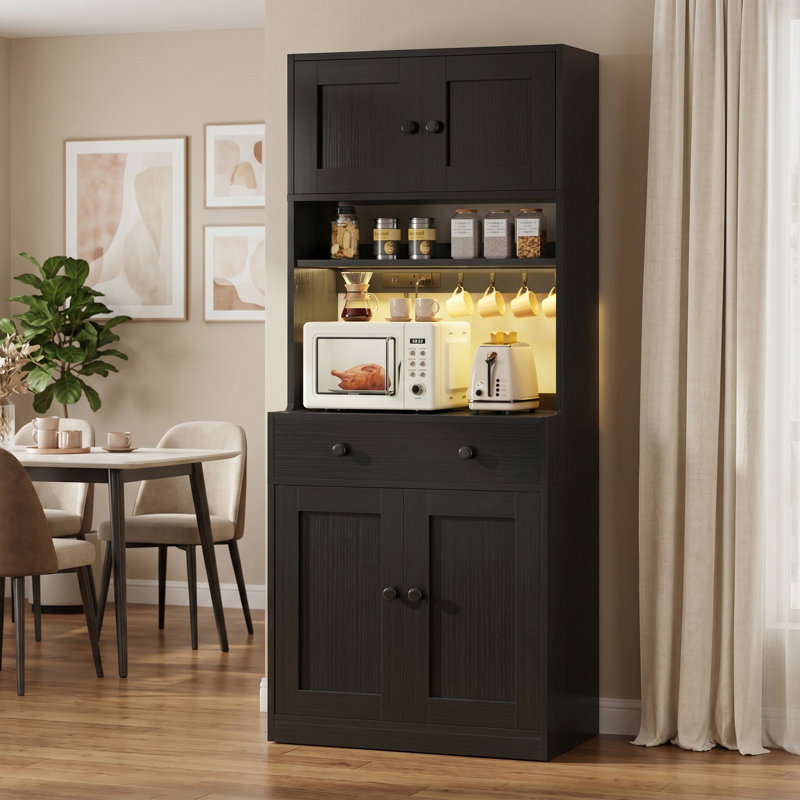 Grand garde-manger de 71 pouces avec portes, tiroir, armoire de ferme avec prise de courant et lumière DEL, Noir