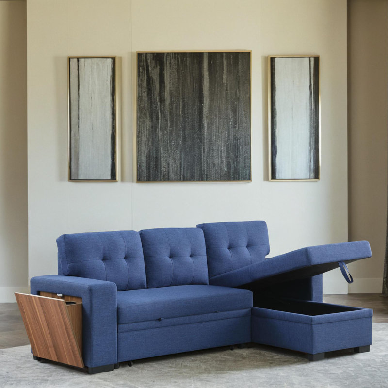 3 - Piece Upholstered Pull Out Sectional Sleeper Sofa With Storage Chaise, Blue Linen Blend