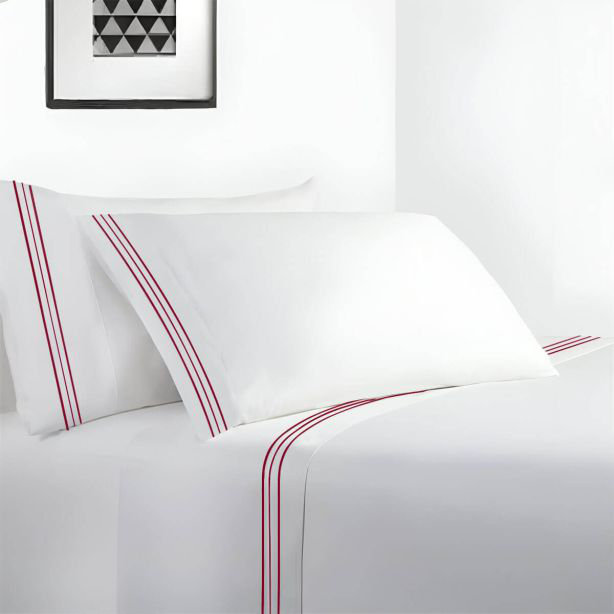 400TC Cotton Sateen Classic Embroidery Cotton 4 Piece Sheet Set Fitted Sheet Fits Upto 16" Deep Pocket, Burgundy