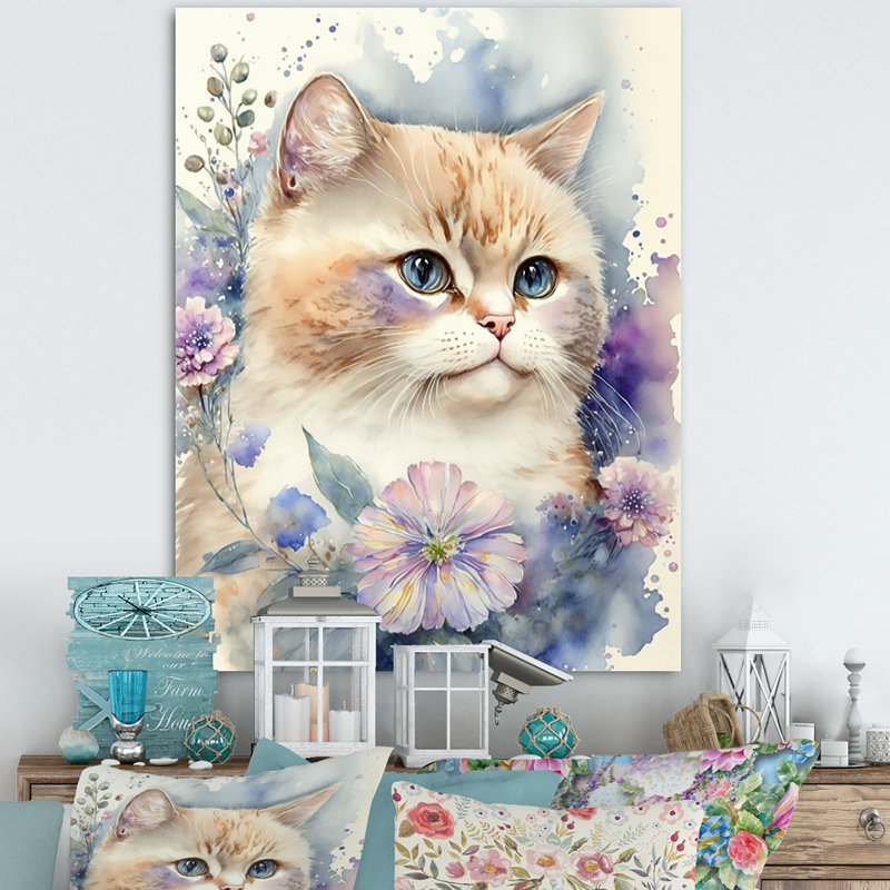 Petit chaton entouré de fleurs colorées III - animaux, art mural sur toile, H 20 po x l 12 po x P 1 po, Toile tendue