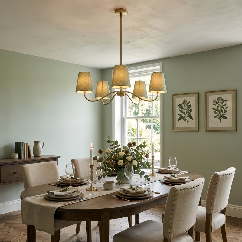 Corda Wrought Iron 5-Light Chandelier, Polished Brass, Green