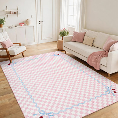 Tapis lavable en faux cerisier Coquette Gingham Cherry avec envers antidérapant
