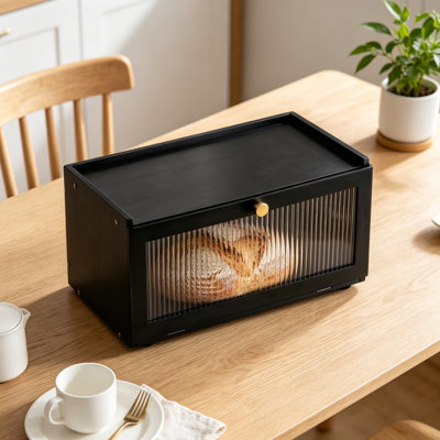 Boîte à pain moderne en bambou pour comptoir de cuisine avec fenêtre, contenant de rangement en pain de bois carbonisé avec conception à flux d'air équilibré, garde le pain doux et savoureux