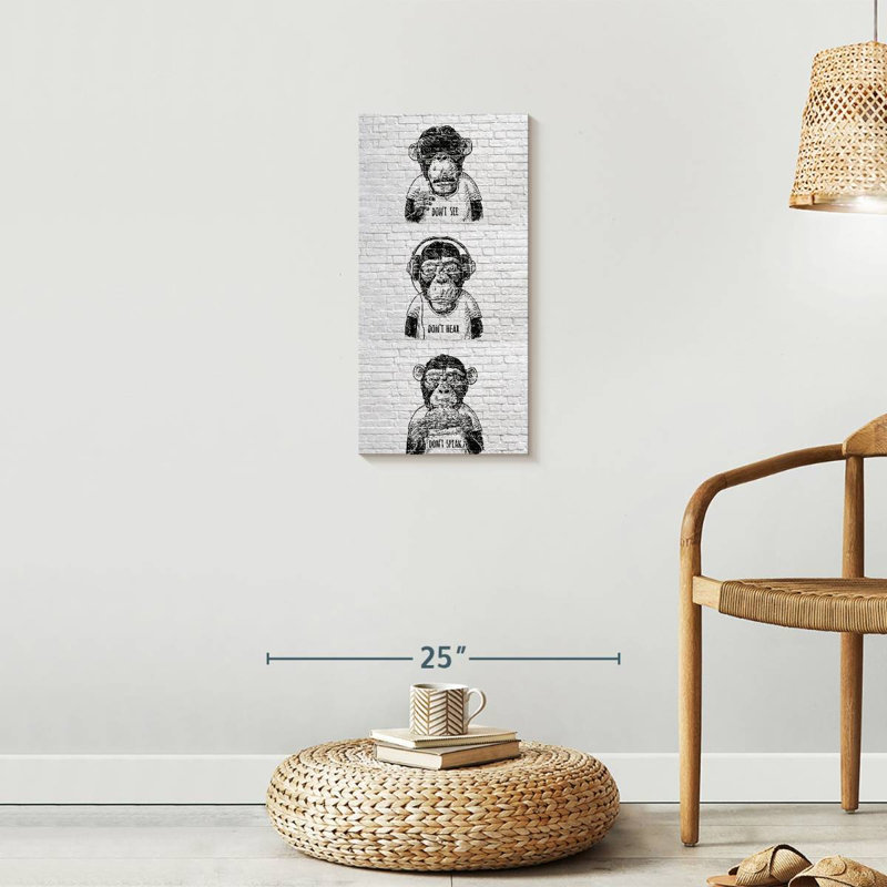 " Three Wise Monkeys BW " by Existencils, 24" H x 12" W x 1.25" D