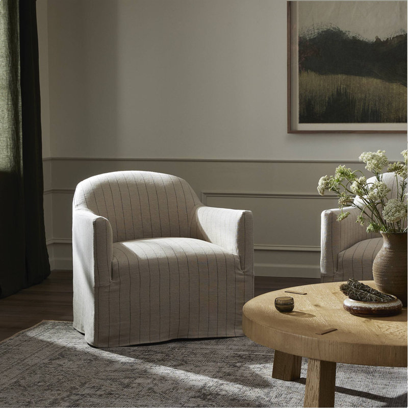 Lowell Slipcover Swivel Chair, Cream Striped Linen