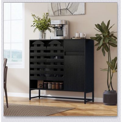 Stylish Woven Door Buffet Cabinet with Adjustable Shelves and Metal Legs, Perfect for Modern and Bohemian Decor.