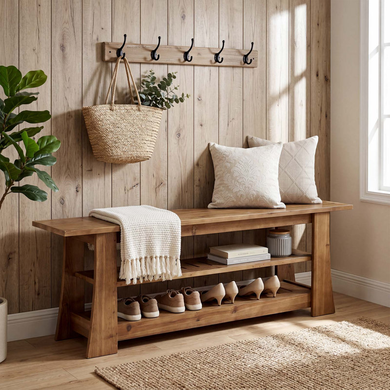 Banc de 63 po en bois massif, banc de rangement à chaussures à 3 niveaux pour hall d'entrée