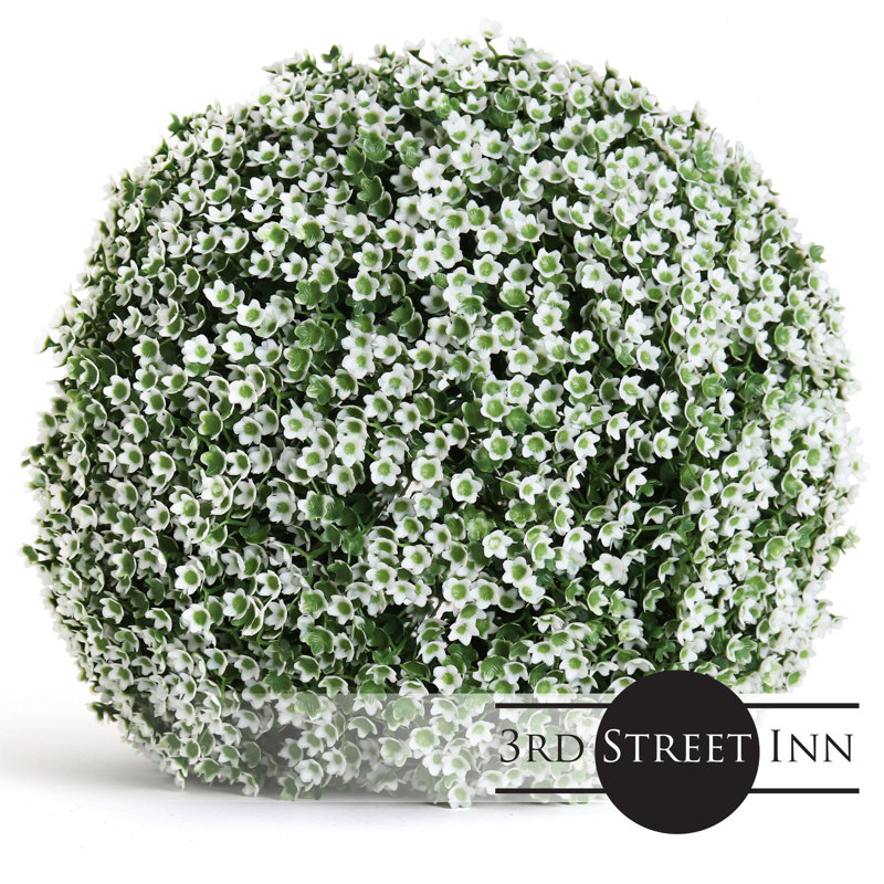 11" Green and White Artificial Baby's Breath Topiary Ball