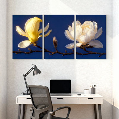 Magnolia Magnolia fleur branche bleu ciel reflet ensemble de 3 impressions d'art sur toile