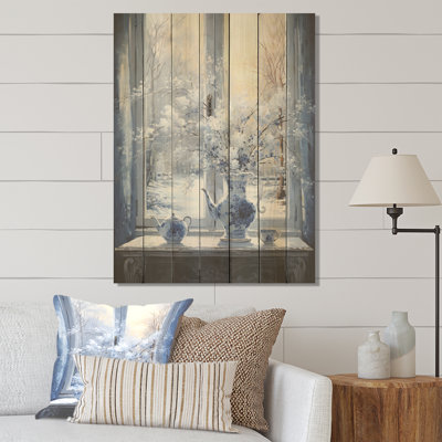 Blanc et bleu, fenêtre d'hiver, nature morte II - paysage d'hiver sur bois