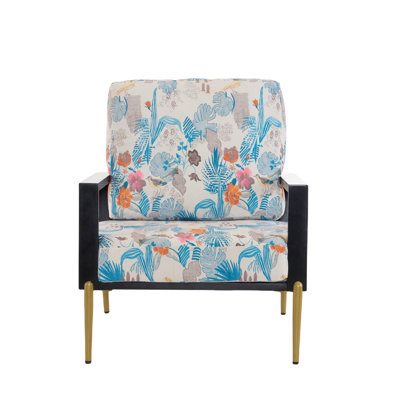 Retro Low Back Floral Print Velvet Accent Armchair with Gold Metal Legs & Rubberwood Frame, Wide Armrest Mid-Century Lounge Chair with Pillow Back, Sofa Chair for Living Room & Balcony, Blue Floral