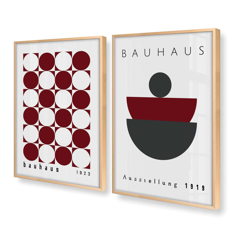 Ensemble de 2 impressions bourgogne bourgogne bauhaus, Érable brut encadré, H 21,5 po x l 33,5 po x P 1,25 po