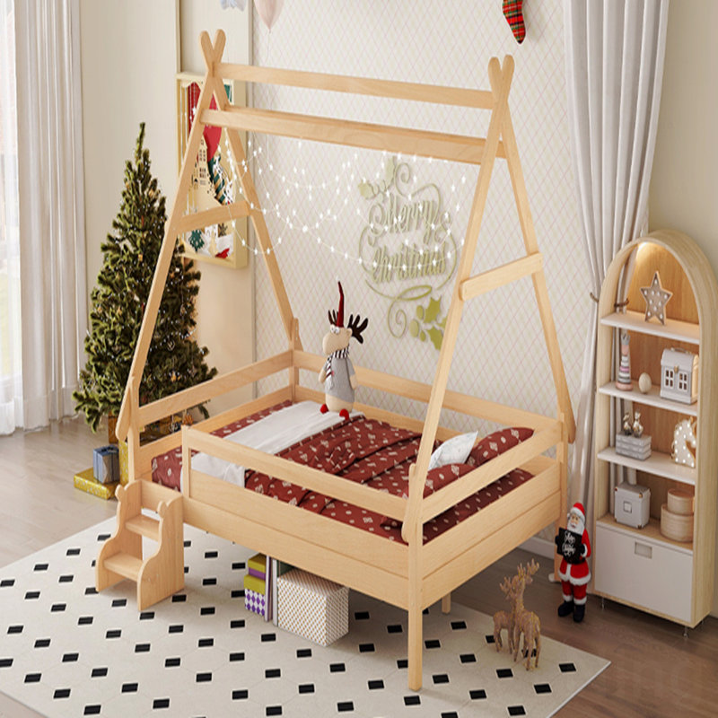 Structure de lit plateforme double avec escalier, matériau en bois massif, structure de lit simple, profil bas et design amusant enfantin, finition naturelle