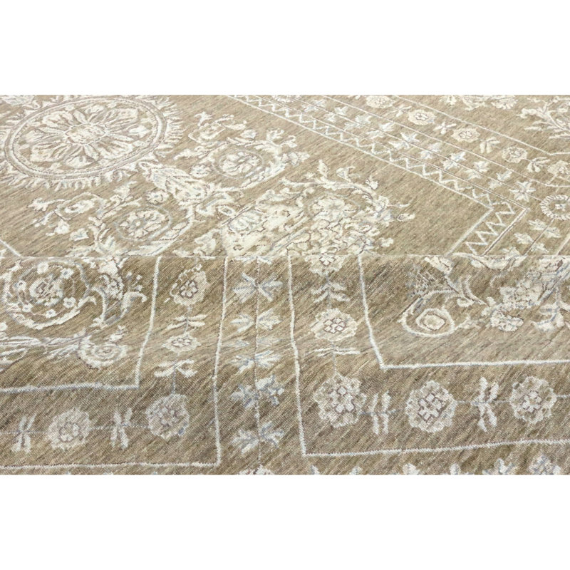 High-Quality Hand-Knotted Beige Area Rug, Rectangle 9' x 12', Brown