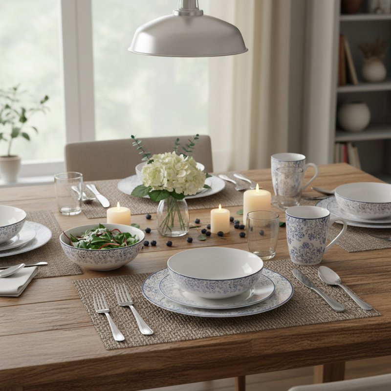 Service de vaisselle en porcelaine à motif floral bleu Lorren Home Trends, blanc, service pour 4, 20 pièces, assiettes, assiettes à salade, bols et tasses allant au micro-ondes et au lave-vaisselle.