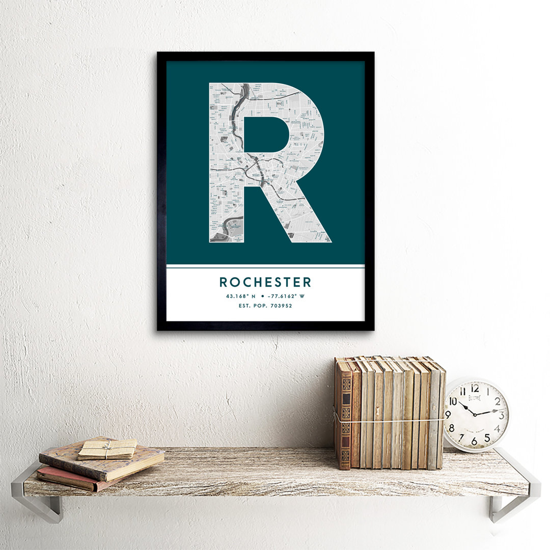 Rochester City Map Rochester Teal by Wee Blue Coo - Single Picture Frame Typography