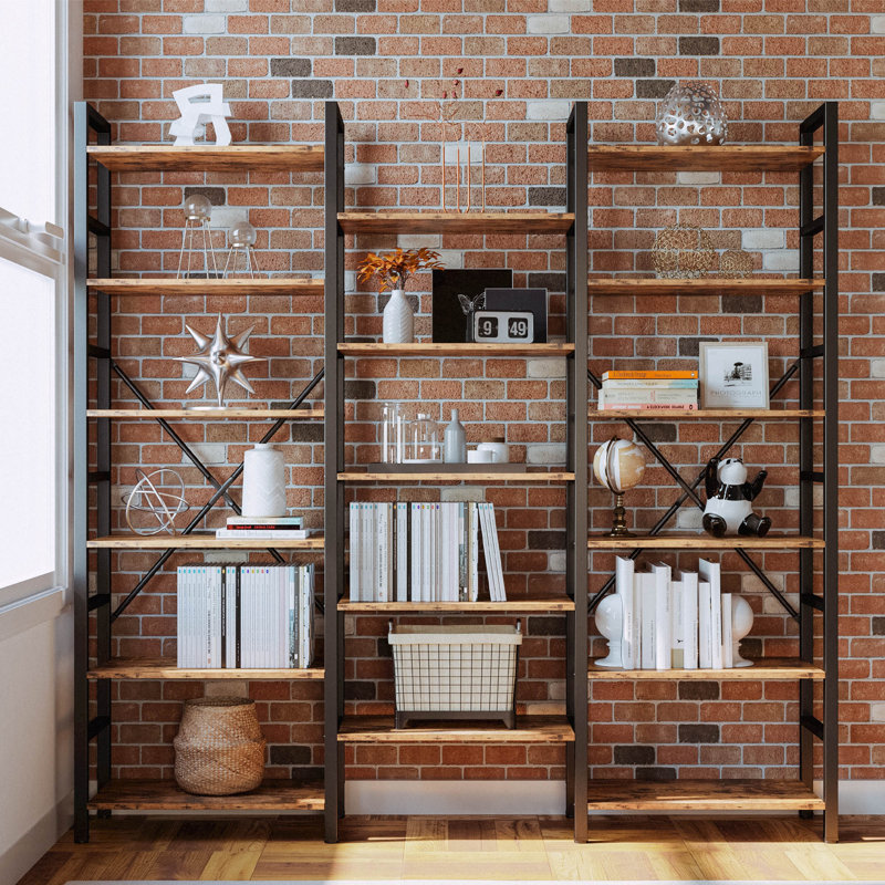 Maziah Triple Wide Industrial Etagere Bookcase , Vintage Brown, 78" H x 69.3" W x 11.8" D