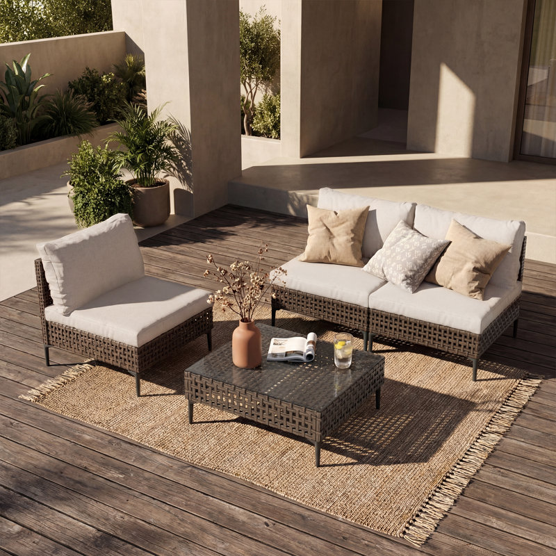 Wicker 4-pieces Conversation Set With Cushions, Beige Cushion/Brown Frame