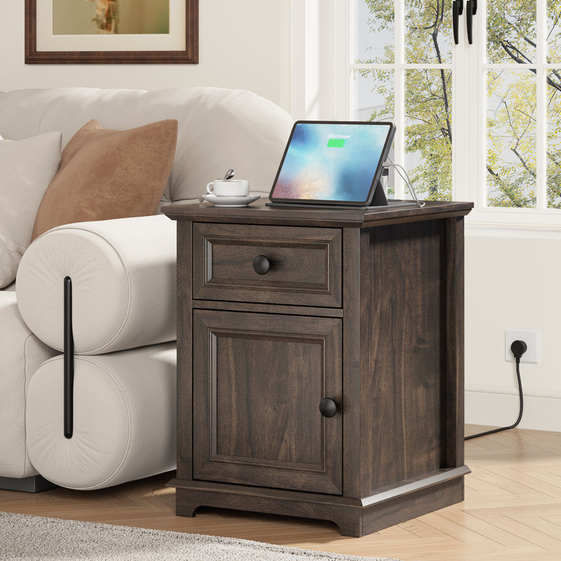 Vianet 24'' Tall End Table with Storage Drawer and Built-In Outlets, Rustic Brown