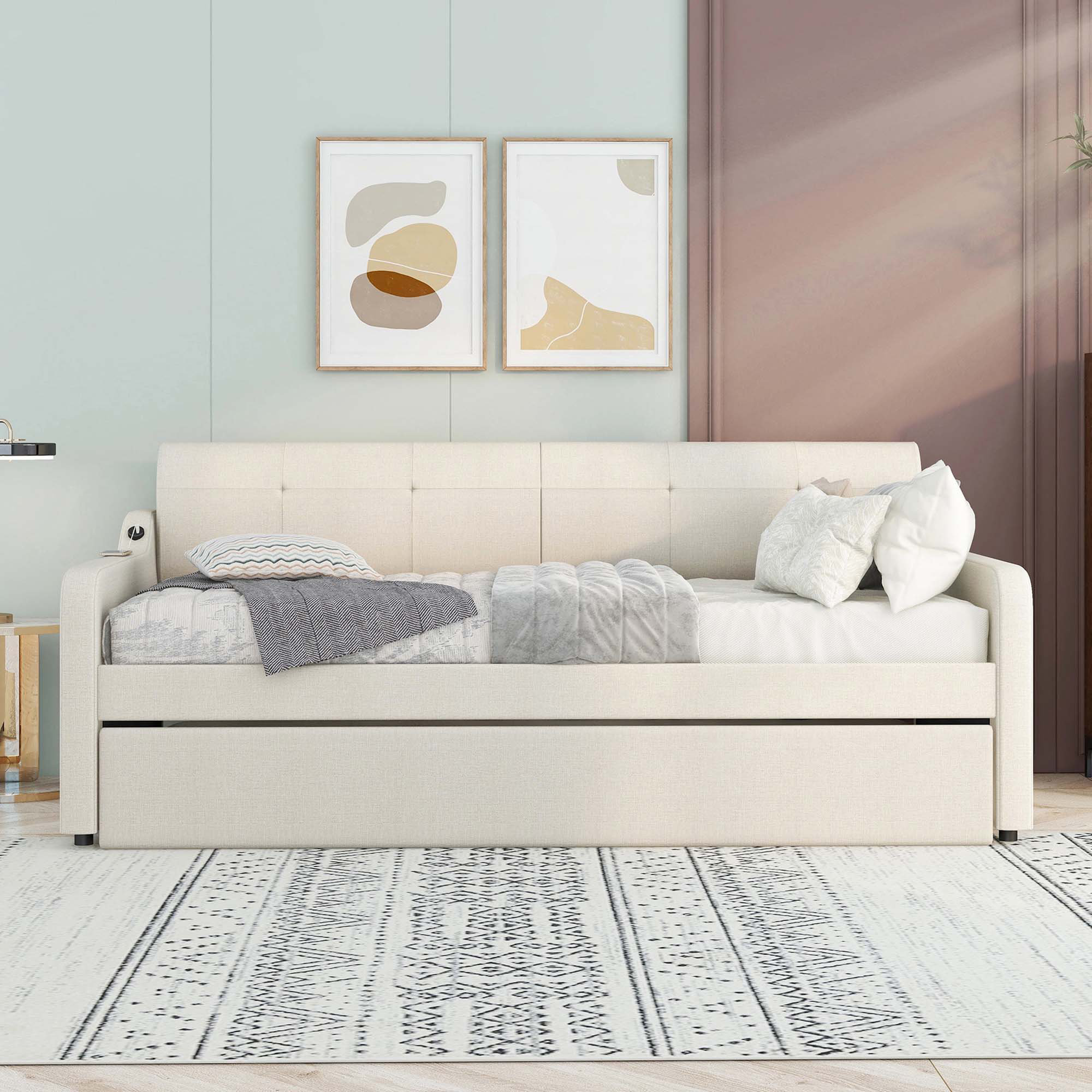 Lark Manor™ Full Size Upholstery Daybed with Trundle and USB Charging ...
