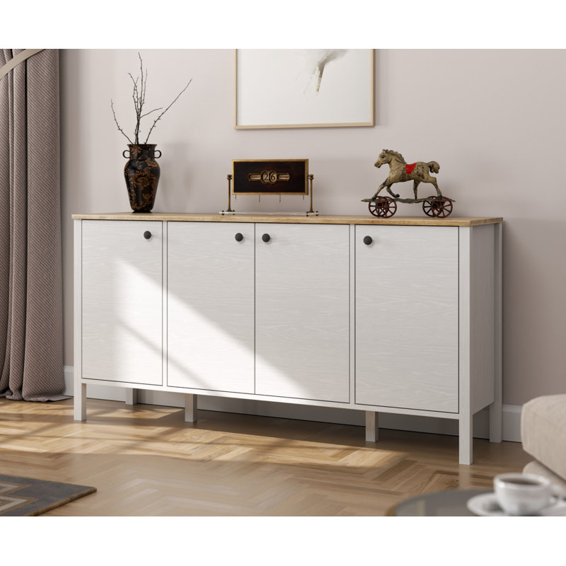 Modern White Console Table with MDF Profile Legs, 63.0 x 32.3 x 17.3 inches | 100% Melamine Coated Particle Board, Thickness: 0.7 inches | Wall-Mountable, Multiple Shelves, Stylish Scandinavian Design, Metal Handles