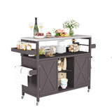 50'' Outdoor Solid Wood Kitchen Island Cart, Rolling Bar Cart, Grill Cart, Farmhouse Outdoor Grill Table With Stainless Steel Top, Spice Rack, Towel Rack For Kitchen&Bbq