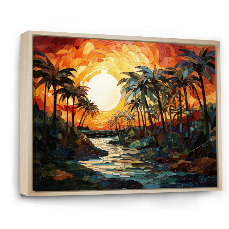 " Orange Palm Trees Mosaic VI ", 12" H x 20" W x 1" D, Natural Floater Framed