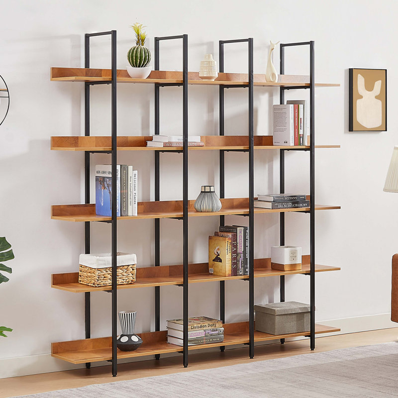 5 Tier Bookcase Home Office Open Bookshelf, Vintage Industrial Style Shelf With Metal Frame, MDF Board, Black/Brown