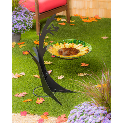 Bain d'oiseaux en verre embossé peint à la main 18 po, tournesol d'automne