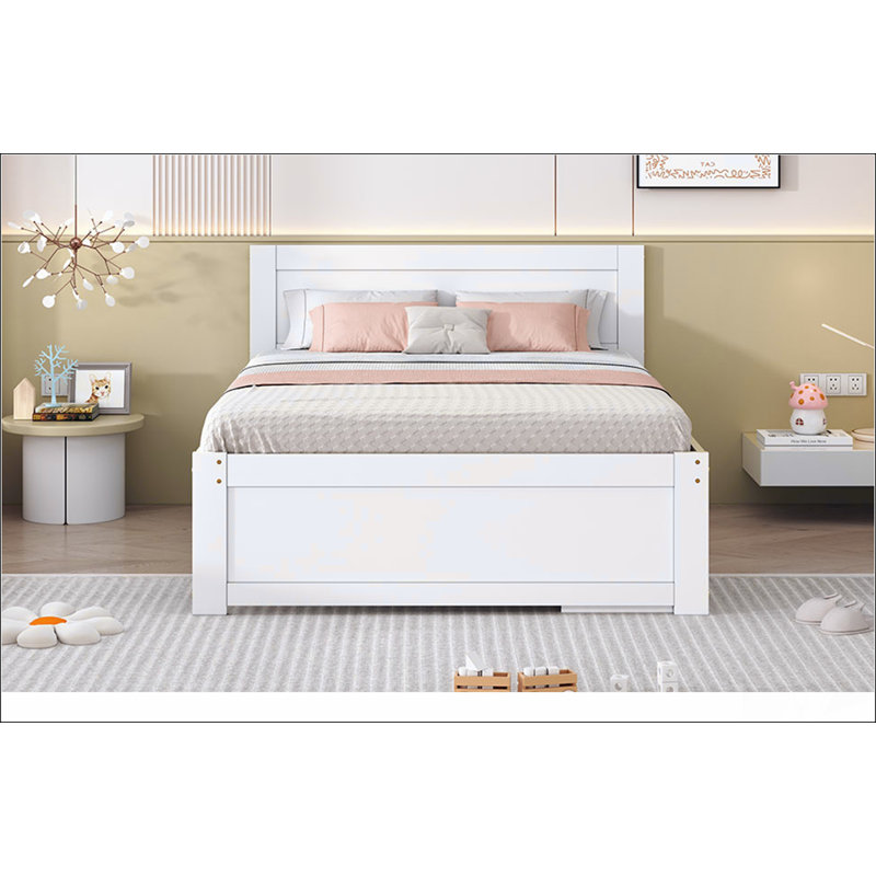 Lit plateforme double avec tiroir et deux tablettes, peu encombrant et élégant au fini gris pour les chambres modernes, Gris