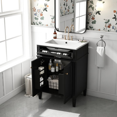 Meuble-lavabo de 24 po avec lavabo, 2 portes et tiroir basculant pratique pour la vie, charnières silencieuses, tiroir de lavabo brillant, décor classique de lavabo, bois massif, solutions de rangement intelligentes