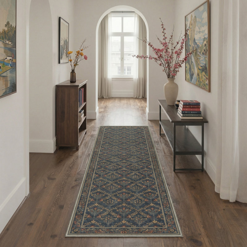 Floral Vines Machine Washable Slate Navy Indoor Area Rug With Non-Slip Backing, Runner 2'3" x 6'