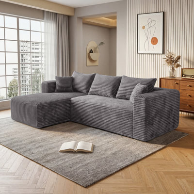 Canapé d'angle modulaire en flanelle gris, 2 pièces, livré roulé avec 5 coussins, aucun assemblage requis, gris