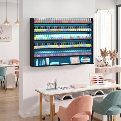 Support mural à 6 niveaux pour vernis à ongles avec bande lumineuse à DEL réglable et cloisons en acrylique, organisateur de vernis à ongles moderne pour salon de manucure et home studio