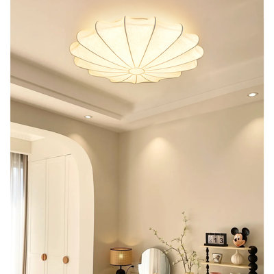 Scandinavian Cream White Silk Fabric Petal Semi Flush Ceiling Light 