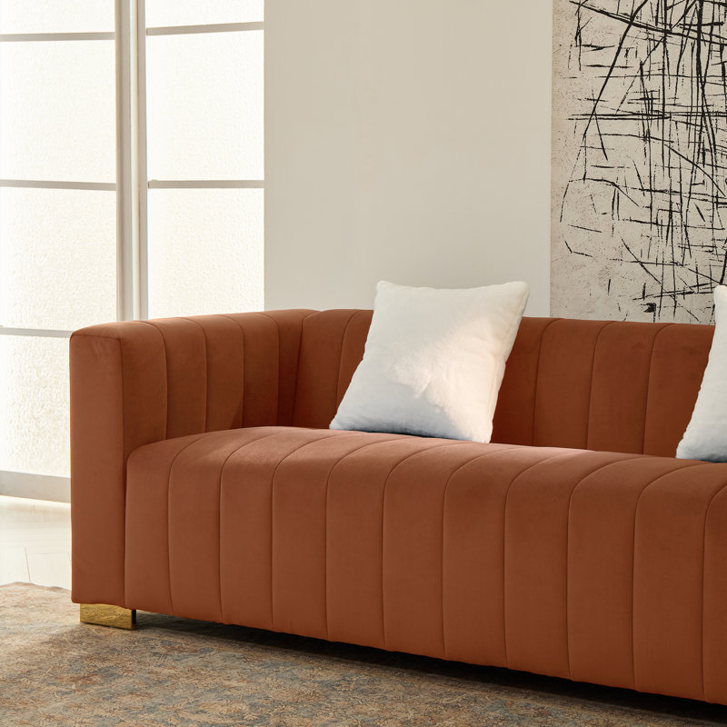Mordecai Velvet Square Arm Sofa, Brown, 26.7" H x 87" W x 33.8" D