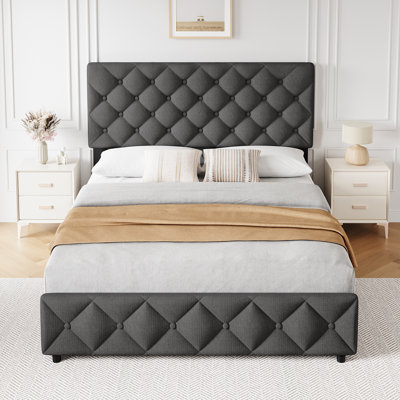 Faux Leather Platform Bed with 4 Storage Drawers, Adjustable Headboard, Diamond Tufted, White, Full/Queen/King Size