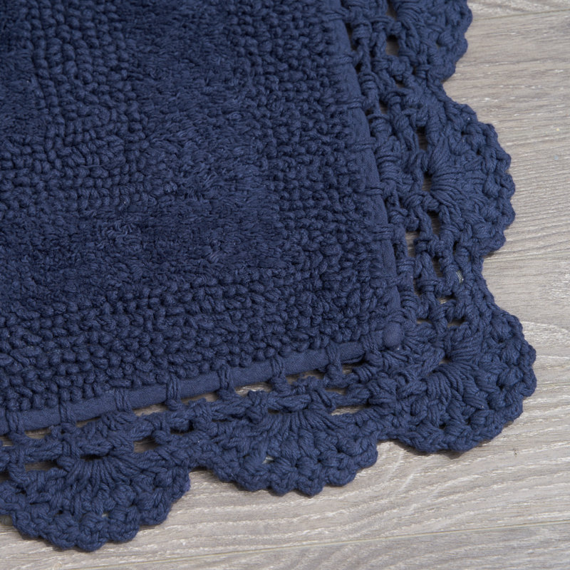Laura Ashley Crochet Machine Washable Cotton Bath Rug, Indigo, 40" L x 24" W