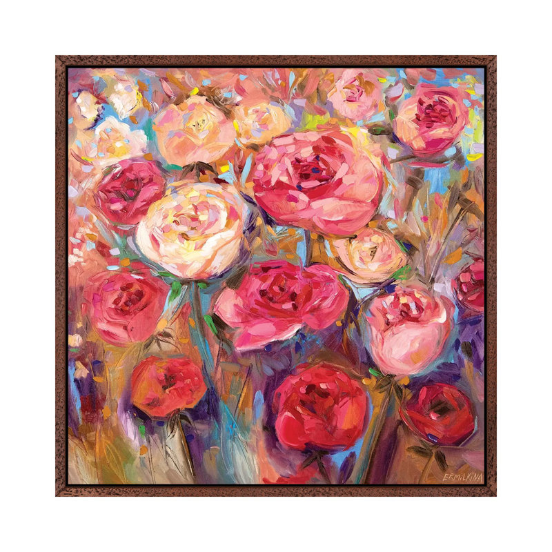 Roses 1 Piece Painting on Canvas, 45.72 cm H x 45.72 cm W, Classic Brown Wood Framed