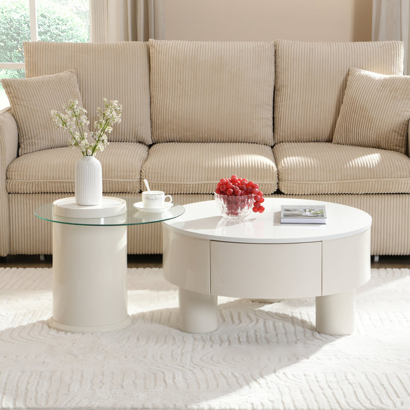 Ensemble de 2 tables basses rondes gigognes, Blanc cassé, Blanc
