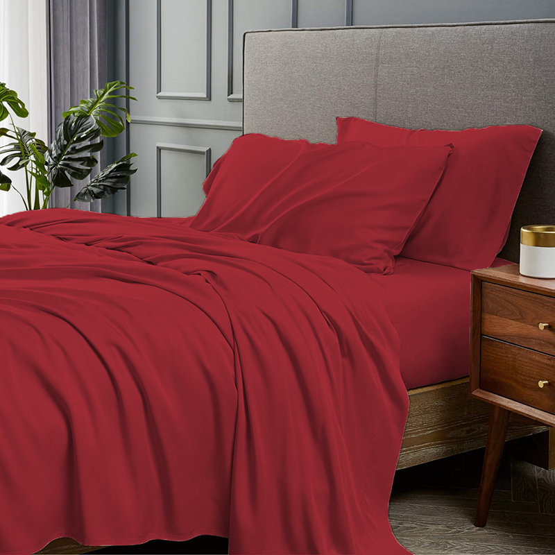Ensemble de draps 4 pièces en rayonne de bambou, Ensemble de draps pour très grand lit avec 2 taie, Rouge