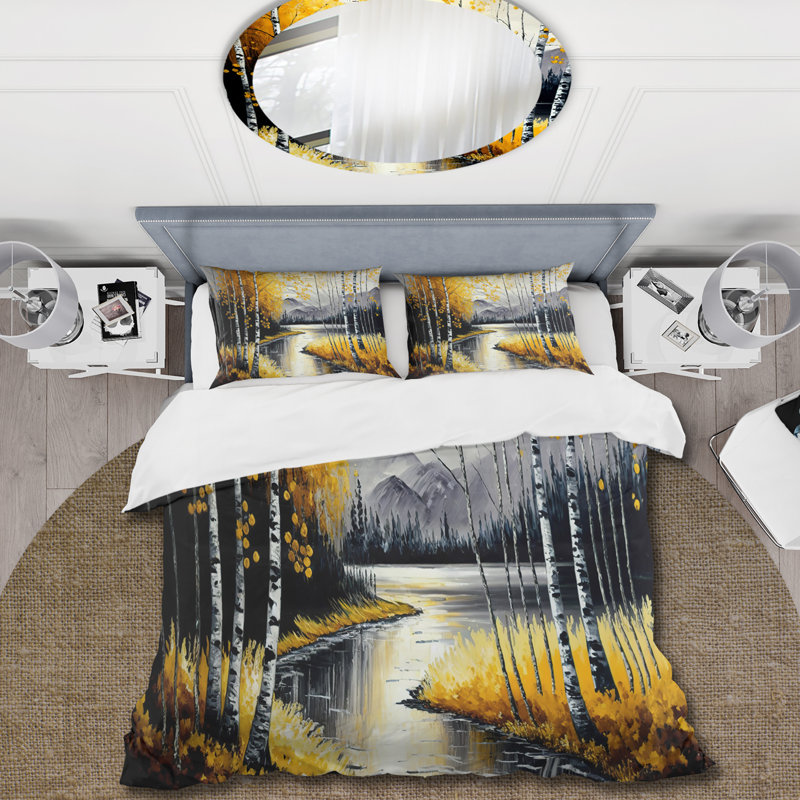 Ensemble de housse de couette Grey and Yellow Birch Trees By The Lake II - Paysages - Microfibre de polyester