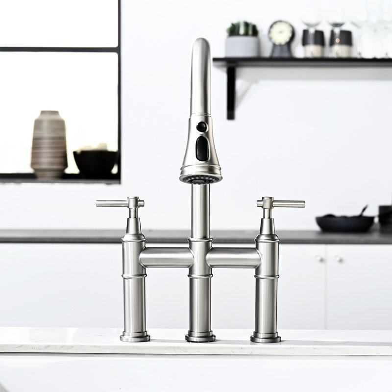 Robinet de cuisine 3 trous avec tirette, nickel brossé, 2 poignées, pont de construction rétractable, design élégant