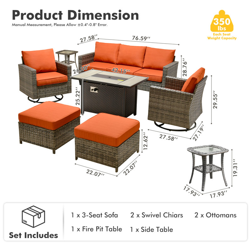 Harbin 7-piece Wicker/ Rattan Patio Conversation Set With Rocking Chairs, Orange Red
