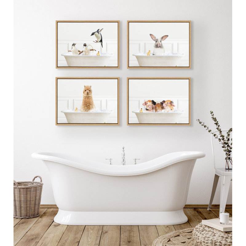 «Penguins In Bubble Bath Neutral Style» par Amy Peterson, reproduction d'art sur toile encadrée