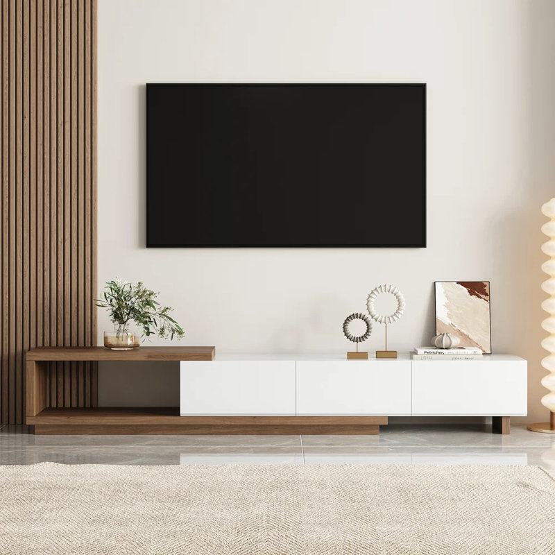 Tymeo 100.4'' W Modern TV Stand Retracted & Extendable 3-Drawer Media Console Walnut, White/Wood